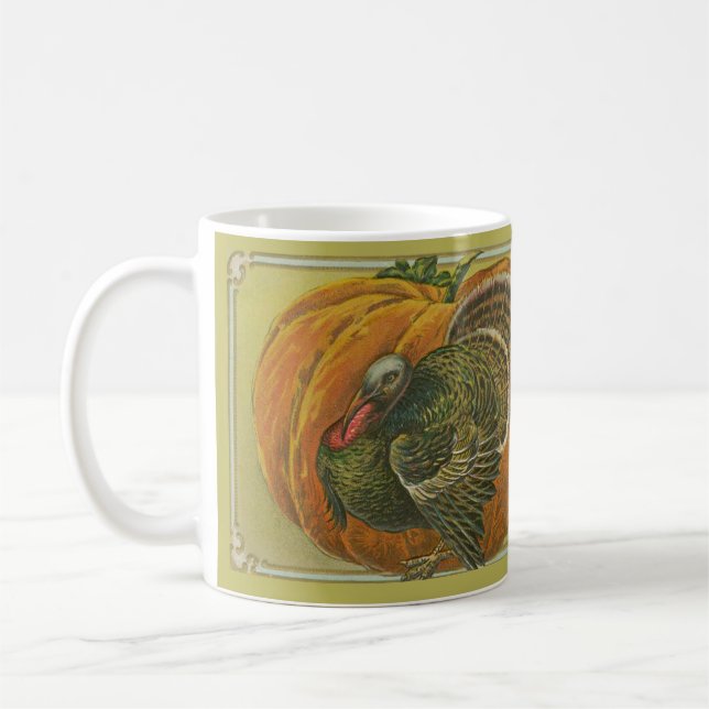 Vintager Erntedank Gruß Truthahn und Kürbis Kaffeetasse (Links)