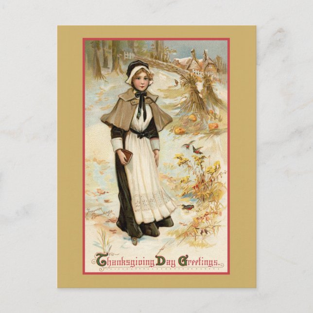 Vintager Erntedank Grüße Pilgrim Frau Postkarte (Vorderseite)