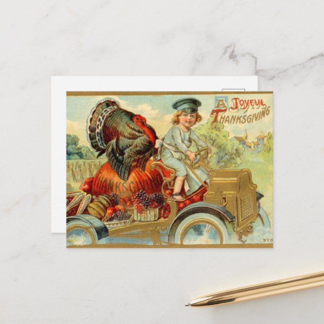Vintager Erntedank Holiday Truthahn Postkarte  (Vorderseite/Rückseite Beispiel)