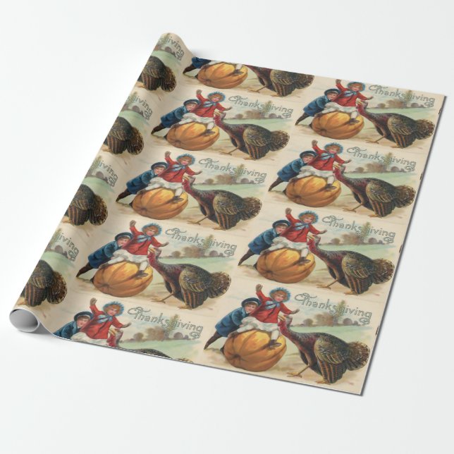 Vintager Erntedank Kinder mit Pumpkin, Türkei Geschenkpapier (Ungerollt)