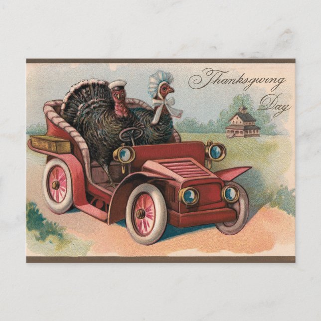 Vintager Erntedank Truthähne Reiten im Auto Postkarte (Vorderseite)