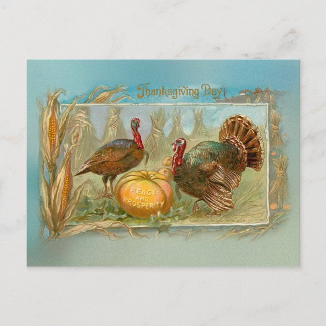 Vintager Erntedank Truthähne und Pumpkin Feiertagspostkarte (Vorderseite)