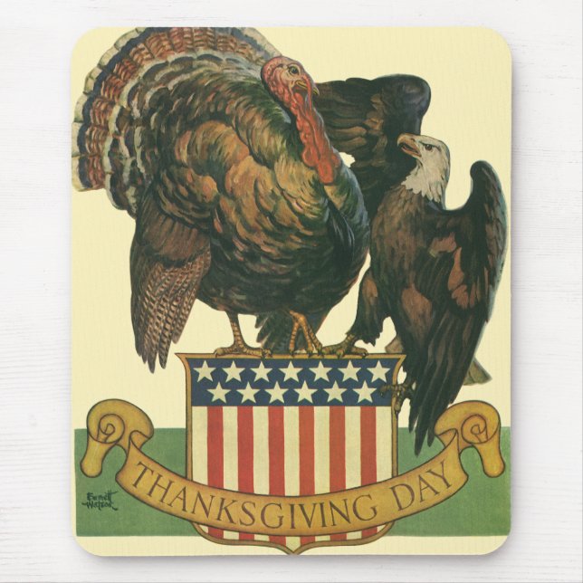 Vintager Erntedank Türkei, Adler, Amerikanische Fl Mousepad (Vorne)