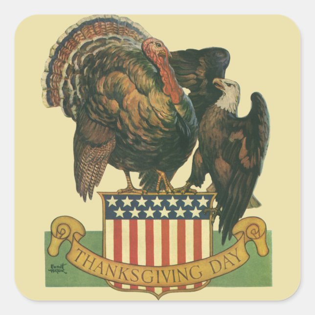 Vintager Erntedank Türkei, Adler, Amerikanische Fl Quadratischer Aufkleber (Vorderseite)