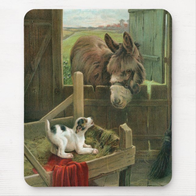Vintager Esel-u. Welpen-Hund in Krippealtem Mousepad (Vorne)