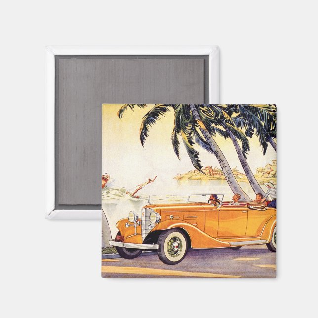Vintager Familienurlaub in einem Cabrio Magnet (Vorderseite/Rückseite)