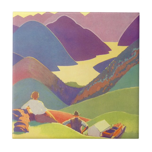 Vintager Familienurlaub, Picnic in den Bergen Fliese (Vorderseite)