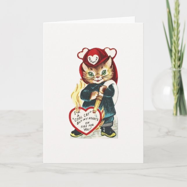 Vintager Feuerwehrmann-KatzeValentine Feiertagskarte (Vorderseite)