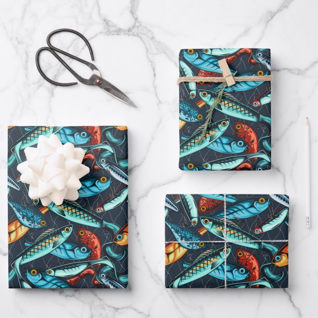 Vintager Fischfang Lures Sports Geschenkpapier Set (Vorderseite)