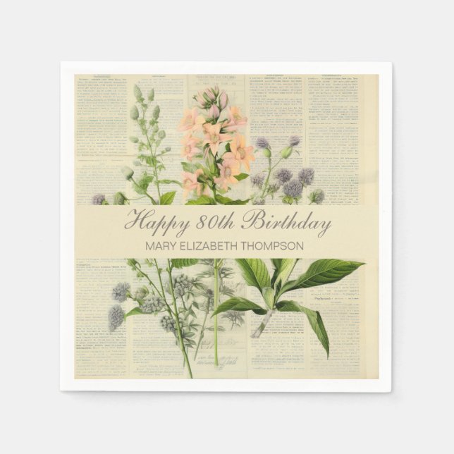 Vintager floraler 80. Geburtstag Serviette (Vorderseite)