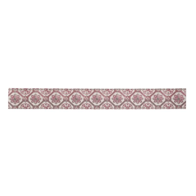 Vintager floraler Delft Rosa Tile Satinband (Vorderseite)