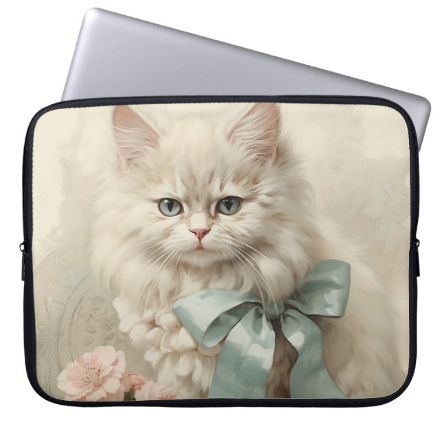 VINTAGER FLÜFFE, WEISSE KATZE MIT BLUME LAPTOPSCHUTZHÜLLE (Vorderseite)