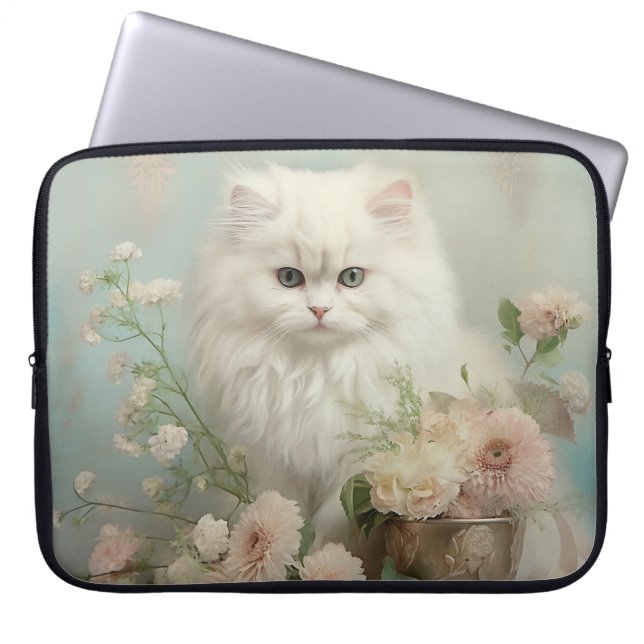 VINTAGER FLÜFFE, WEISSE KATZE MIT BLUME LAPTOPSCHUTZHÜLLE (Vorderseite)