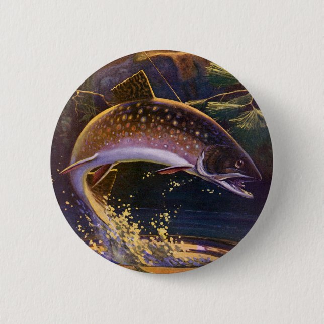 Vintager Forellenfisch Fischer, Sportfischerei Button (Vorderseite)
