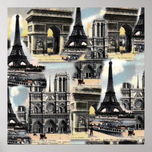 Vintager Franzose-Paris-Reise-Collagen-Eiffel-Turm Poster