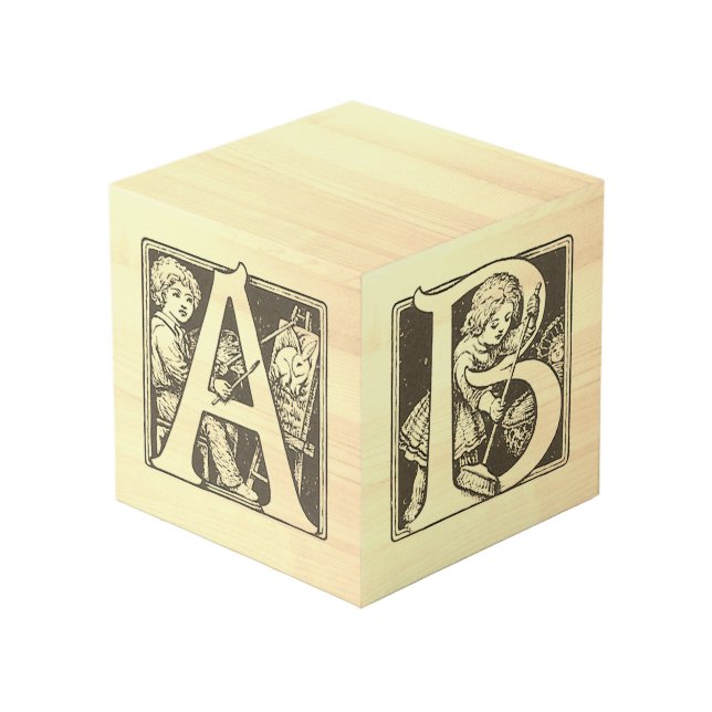 Vintager französischer Alphabet "ABC" Holzblock Würfel (Vorderseite Schrägansicht)
