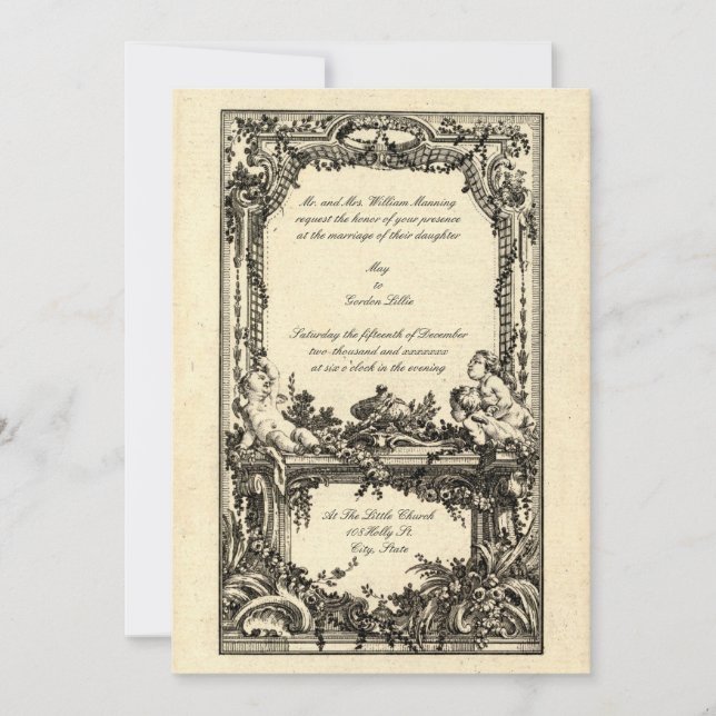 Vintager französischer barocker Rokoko Hochzeitsem Einladung (Vorderseite)
