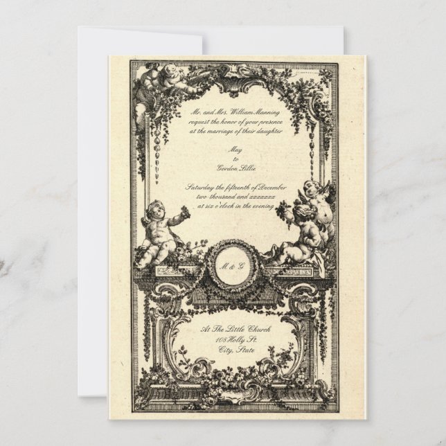 Vintager französischer barocker Rokoko Hochzeitsem Einladung (Vorderseite)