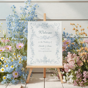 Vintager französischer Blue Wedding Frame Willkomm Poster