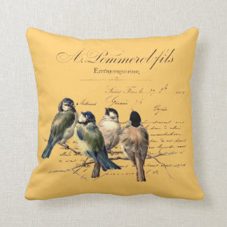 Vintager französischer Buchstabe und Vögel Kissen