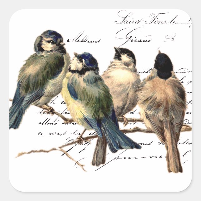 Vintager französischer Buchstabe und Vögel Quadratischer Aufkleber (Vorderseite)