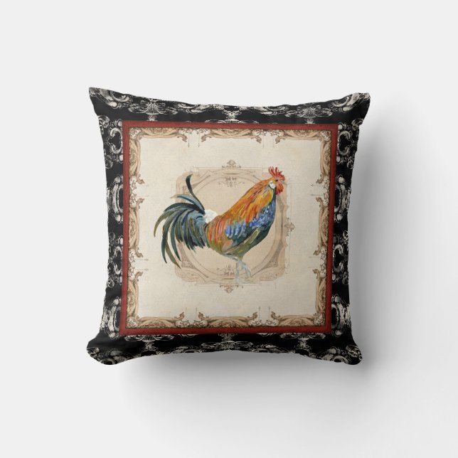 Vintager französischer Damask Black in White Roost Kissen (Vorderseite)