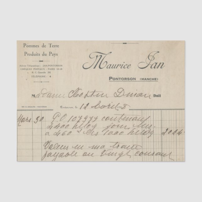 Vintager französischer Empfang Seidenpapier (Vorderseite)
