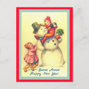 Vintager französischer Neujahrsschneemann mit Kind Postkarte