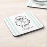 Vintager französischer Sack-Individuelle Name und  Untersetzer<br><div class="desc">Vintage französisch geätzte Grafiken und weiche,  minzblau geklemmte Streifen sind die perfekte Ergänzung zu der französischen Küchendekoration auf diesem maßgeschneiderten Untersetzer aus Kunststoff. Vergessen Sie nicht die Touch der Personalisierung mit Ihrem Monogramm und Familiennamen.</div>