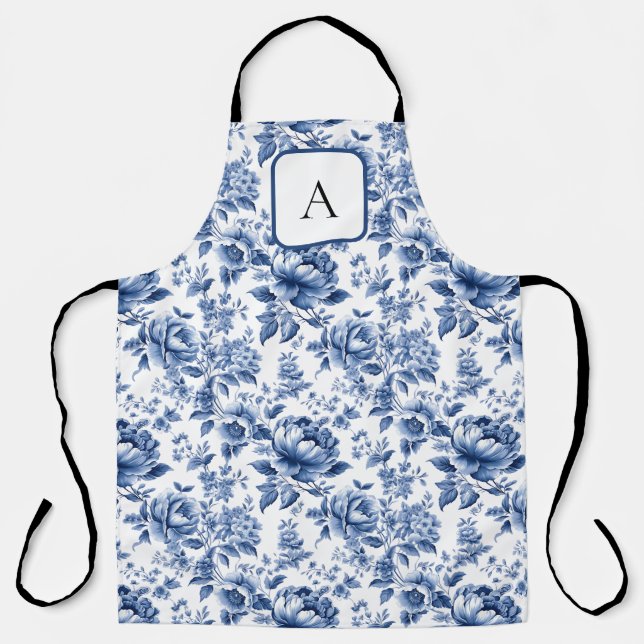 Vintager Französischer Toile de Jouy Monogram Navy Schürze (Vorderseite)