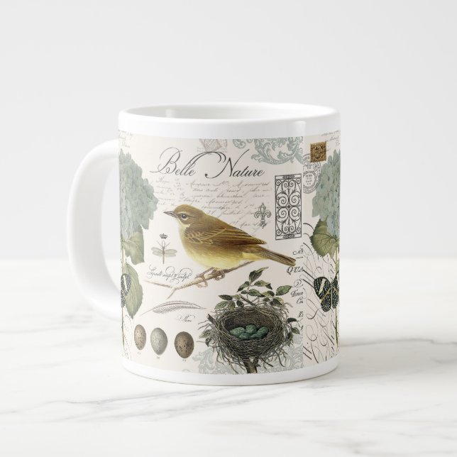 Vintager französischer Vogel und Nest Jumbo-Tasse (Vorderseite Links)