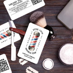 Vintager Friseurladen Visitenkarte<br><div class="desc">Revitalisieren Sie Ihr Branding mit unseren Vintagen Barbershop Visitenkarten! Diese Karten mit einem im Retro-Aquarell lackierten Barberenstahl in ikonischem Rot, Weiß und Blau verfügen über eine einzigartige Textkonfiguration in einer Doppelbogenformation rund um den Pol. Die klassische Retrotypografie verleiht Ihrem Branding eine Touch zeitlosen Charmes. Diese coolen, trendigen und absolut einzigartigen...</div>