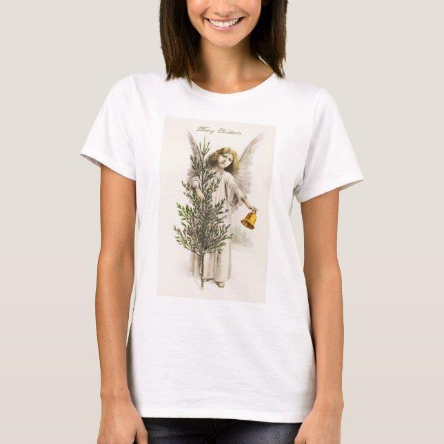 Vintager froher Weihnachtsgel mit Glocke T-Shirt (Vorderseite)