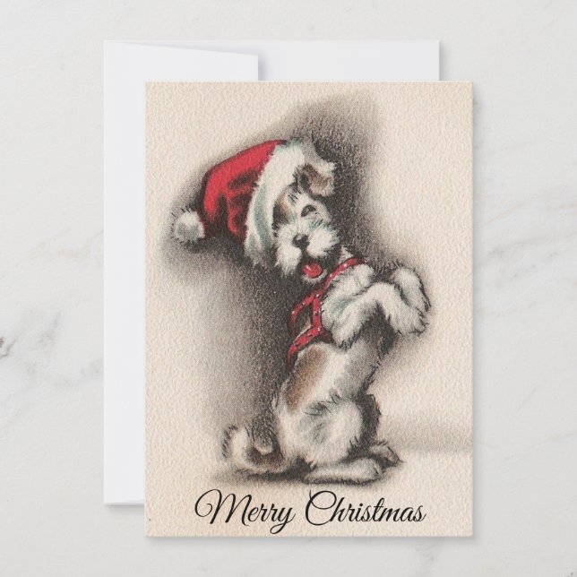 Vintager froher Weihnachtshund mit Weihnachtsmannm Feiertagskarte (Vorderseite)