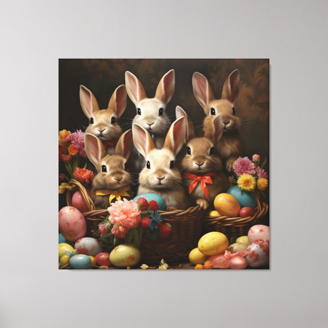 Vintager Frühling Ostereier Korb Bunny Hop Leinwanddruck (Vorderseite)