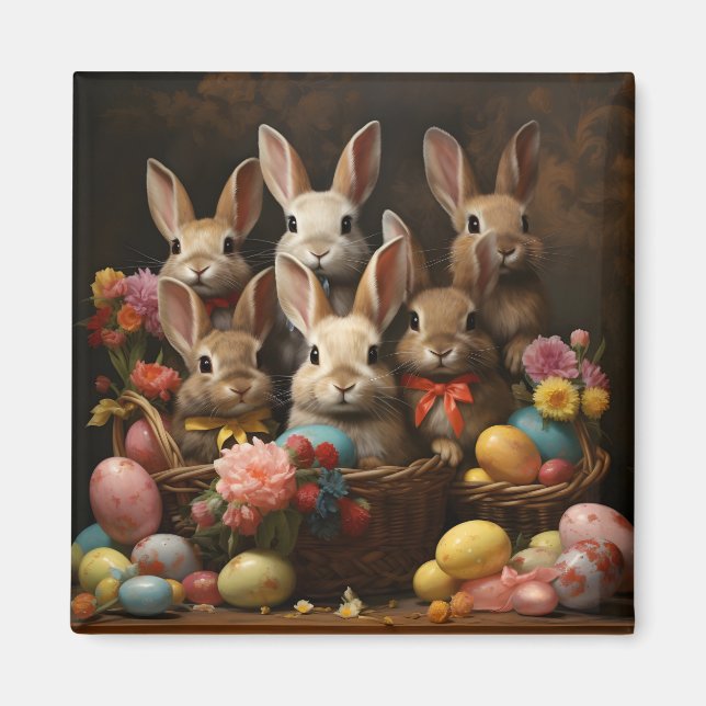 Vintager Frühling Ostereier Korb Bunny Hop Magnet (Vorne)