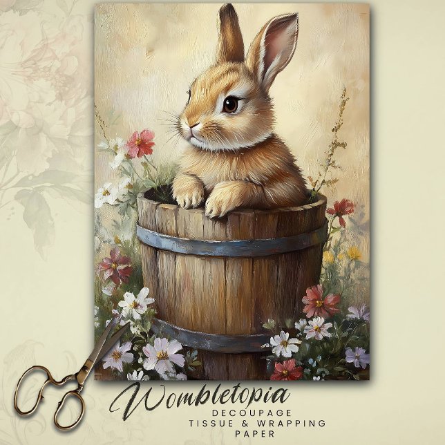 Vintager Frühlingshase aus Holz Wildblumen Seidenpapier (Von Creator hochgeladen)