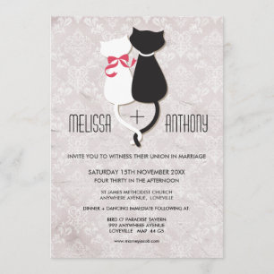 Vintager Funny Cat Couple Damask Hochzeitsempfang Einladung