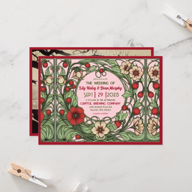 Vintager Garten Jugendstil Hochzeit Einladung (Vorderseite/Rückseite Beispiel)