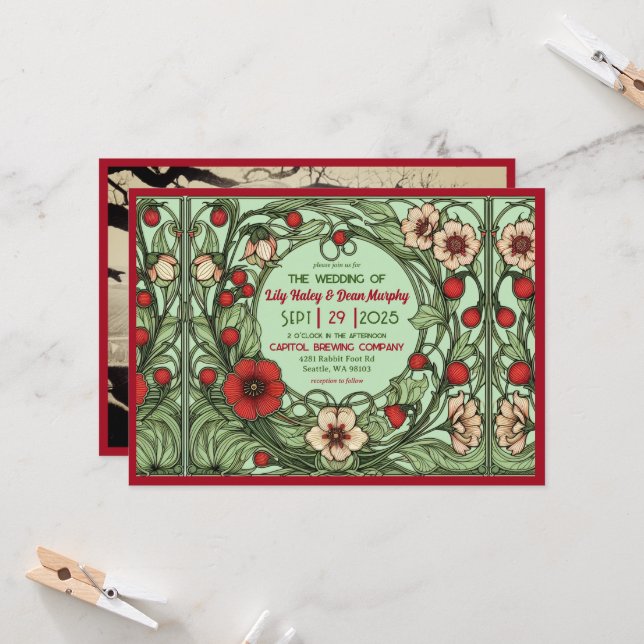 Vintager Garten Jugendstil Hochzeit Einladung (Vorderseite/Rückseite Beispiel)