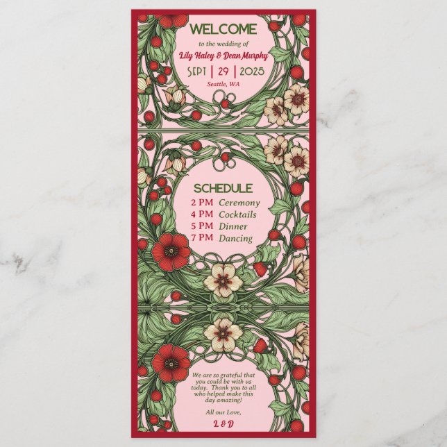 Vintager Garten Jugendstil Hochzeit Programm (Vorderseite)