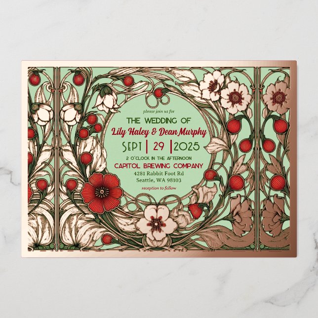 Vintager Garten Jugendstil Rose Gold Folieneinladung (Vorderseite)