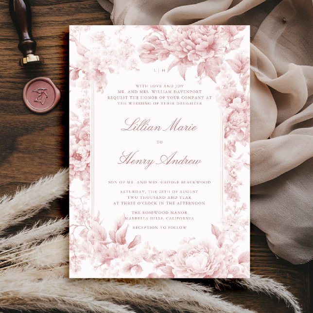Vintager Garten Romantische Rosa Toile Klassische  Einladung (vintage garden wedding invitation pink toile french floral romantic old money formal traditional)