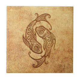 Vintager gealterter Fisch-Tierkreis Fliese