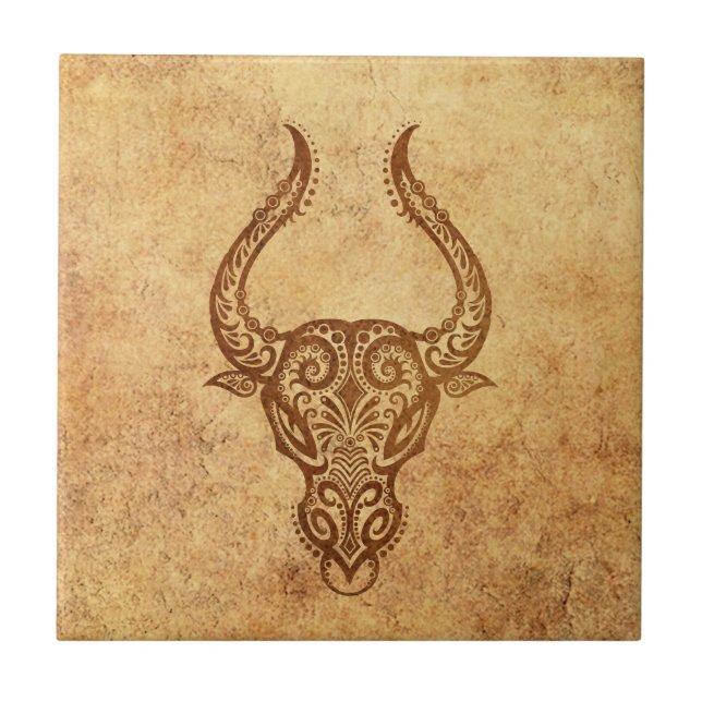 Vintager gealterter Stier-Tierkreis Fliese (Vorderseite)