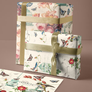 Vintager Geburtskäfig, Schmetterlinge und Vogeldek Geschenkpapier Set