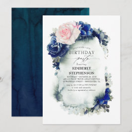 Vintager Geburtstag in Navy Blue und Pink Floral Einladung
