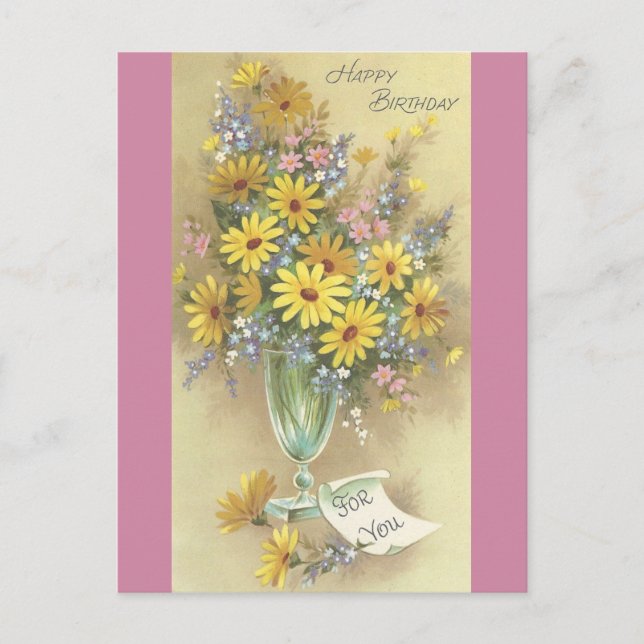 Vintager Geburtstag mit Blume in Vase Postkarte (Vorderseite)