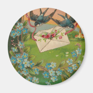 Vintager Geburtstag Postkarte Vögel und Blume Magnet