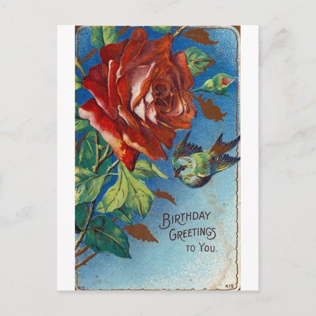 Vintager Geburtstag wünscht Rose und Vogel Postkarte (Vorderseite)